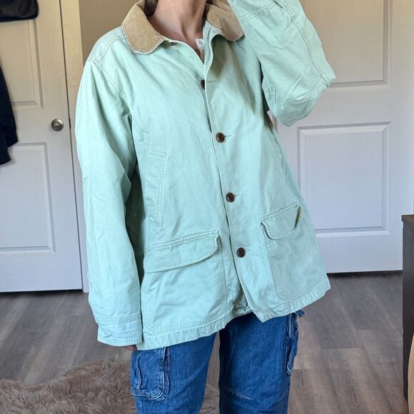 LL Bean Barn Chore Coat Womens XL Corduroy Trim Retro Field Jacket Workwear Mint - Picture 1 of 11
